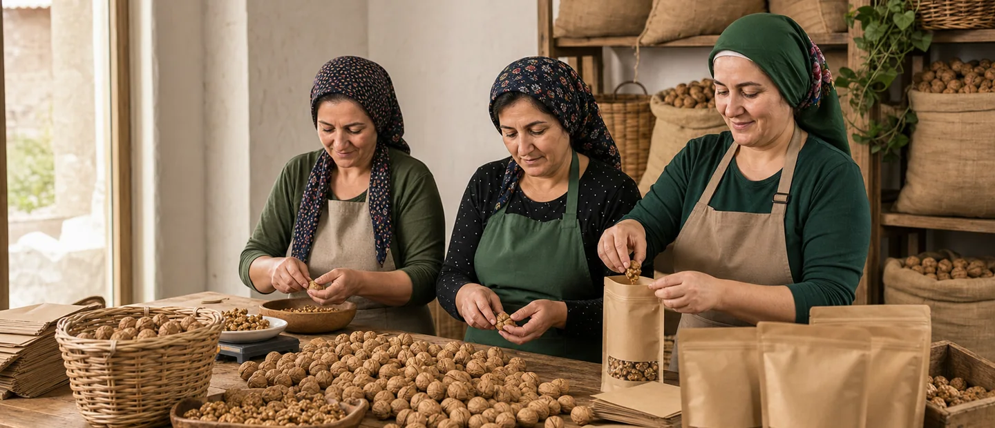 Ceviz ayıklayan ve paketleyen kadın üreticiler